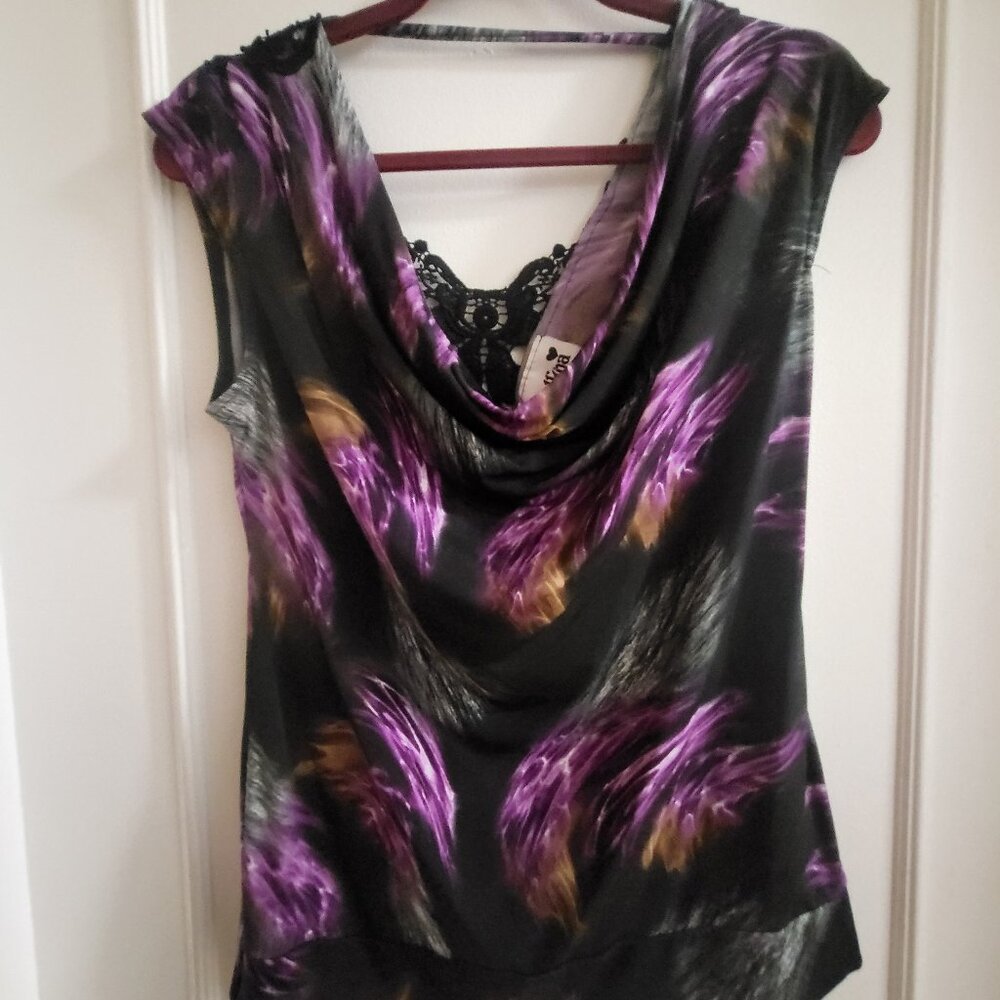 Bellina Abstract Purple & Black Cowl Neck Top with Lace Back - Size Medium